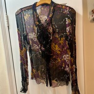 ELIE TAHARI Ruffled, Lace Sheer Blouse, Size SM